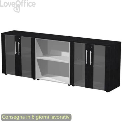 Composizione tre armadi bassi due coppie di ante vetro 242,8x43xH.81,4 cm Flora Artexport nero venato frassino