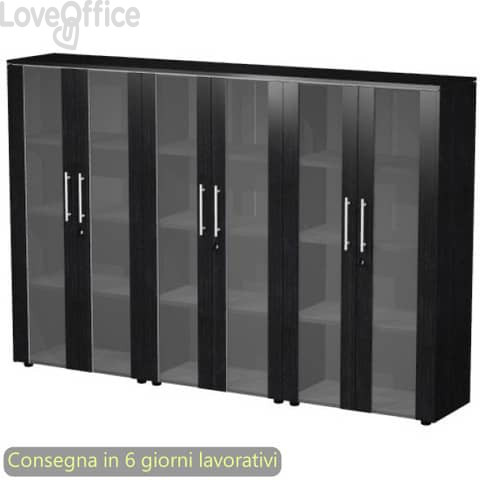 Composizione 3 mobili medi con ante vetro/melam. 162,8x43xH.158,2 cm Flora Artexport nero venato frassino