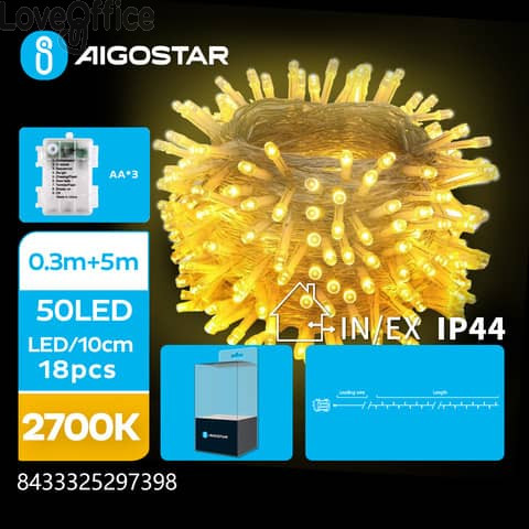Catena luminosa a batteria Aigostar per interni ed esterni lampadine piatte a luca calda 2700K 50 led 5 m - 297398