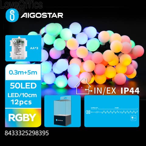 Catena luminosa a batteria Aigostar per interni ed esterni con lampadine a sfera multicolore 50 led 5 m - 298395