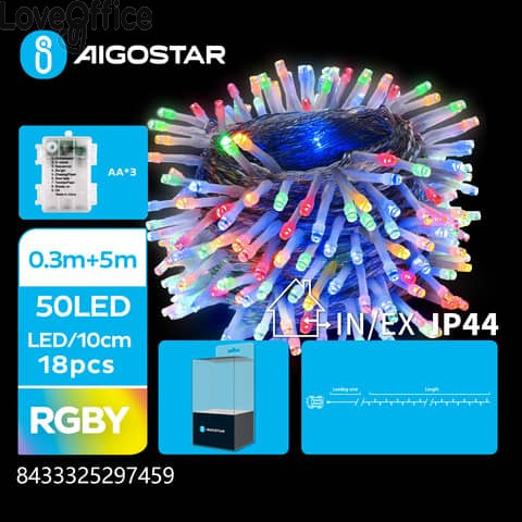 Catena luminosa a batteria Aigostar per interni ed esterni con lampadine piatte multicolore 50 led 5 m - 297459