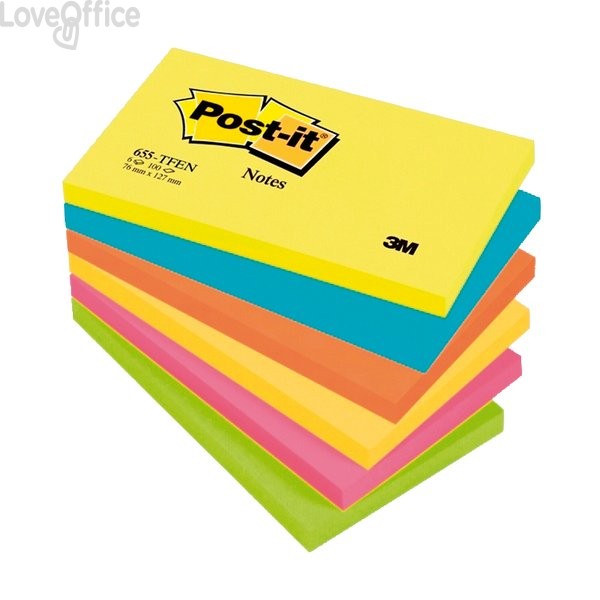 Foglietti riposizionabili Post-it® Notes Energy - tinta unita - 100 - 76x127 mm - neon arcobaleno - 655-TFEN (conf.6)