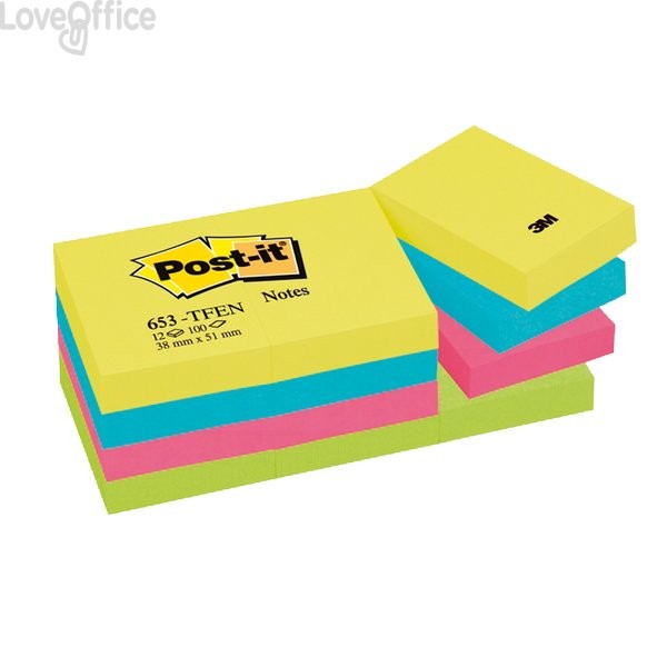 Foglietti riposizionabili Post-it® Notes Energy - tinta unita - 100 - 38x51 mm - neon arcobaleno - 653-TFEN (conf.12)