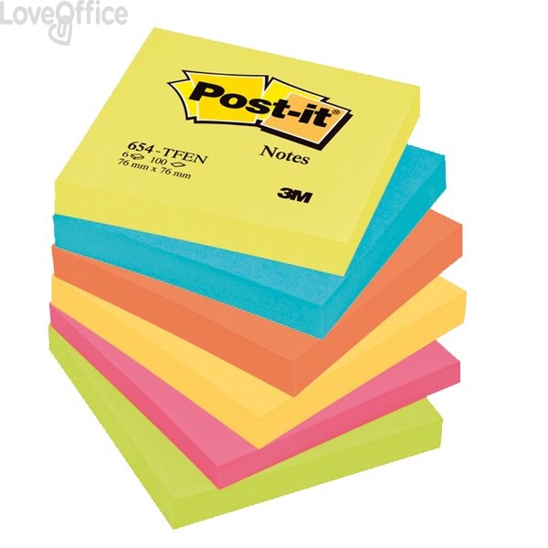 Foglietti riposizionabili Post-it® Notes Energy - tinta unita - 100 - 76x76 mm - neon arcobaleno - 654-TFEN (conf.6)