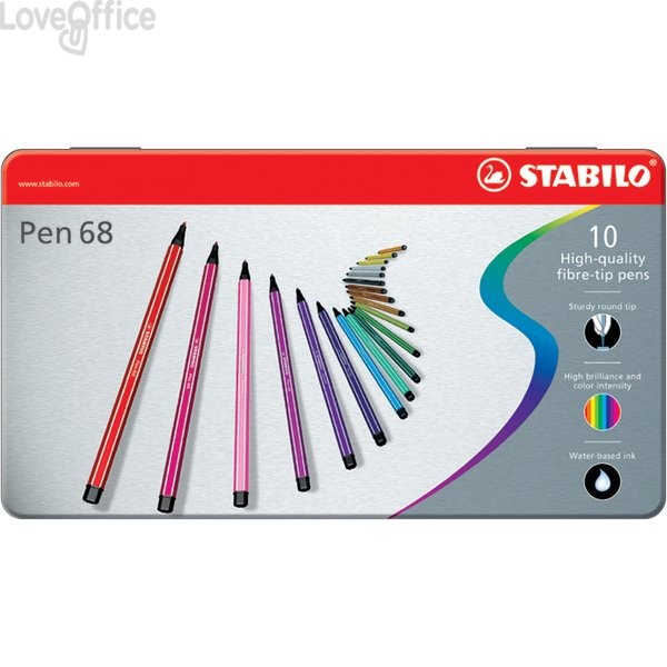 Pennarellini colorati Stabilo Pen 68 in Scatola in metallo - Assortito - 1 mm - da 7 anni (conf.10)