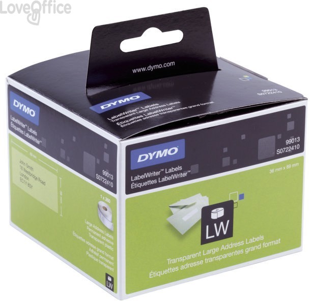 Etichette per Dymo LabelWriter permanenti - indirizzi - 89x36 mm - Trasparente - S0722410 (Rotolo da 260 etichette)