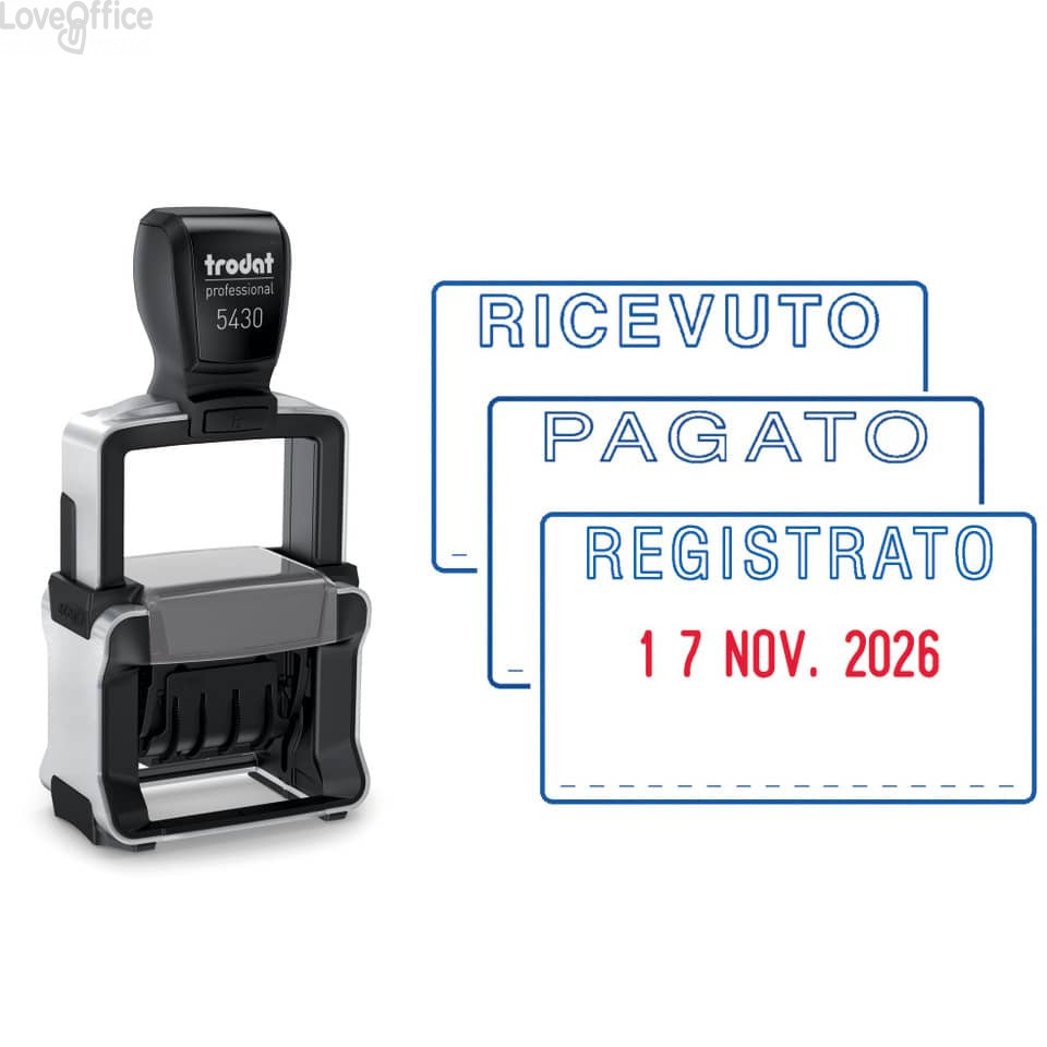 Datario autoinchiostrante personalizzabile TRODAT 5430/L in acciaio 41x24 mm Blu-Rosso - con testo RICEVUTO - PAGATO - REGISTRATO - 131659