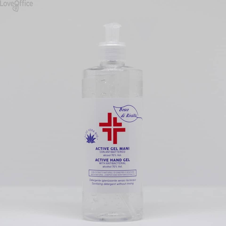 Gel igienizzante mani (alcol 70%) 500 ml con dosatore - Active linea Bosco di Rivalta - flacone Trasparente cilindrico