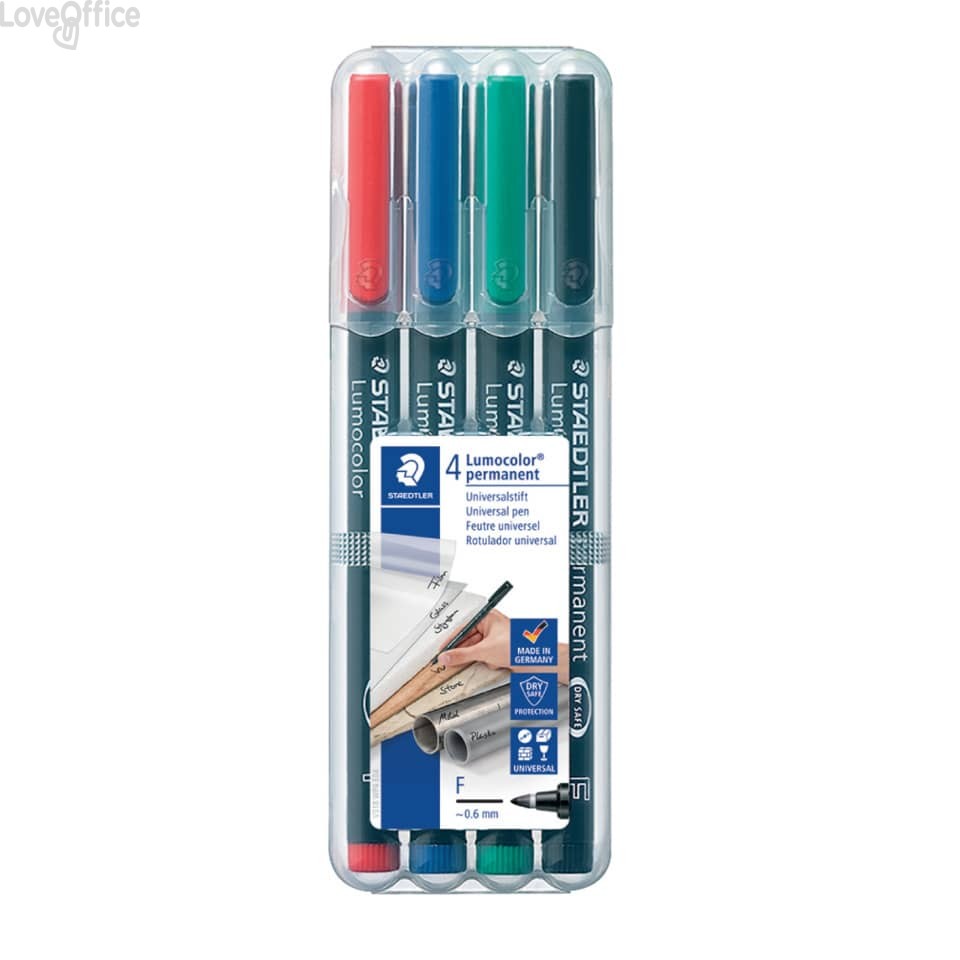 Penne a punta sintetica Staedtler Lumocolor permanent pen 318 - F - 0,6 mm- Astuccio da 4 pezzi colori assortiti
