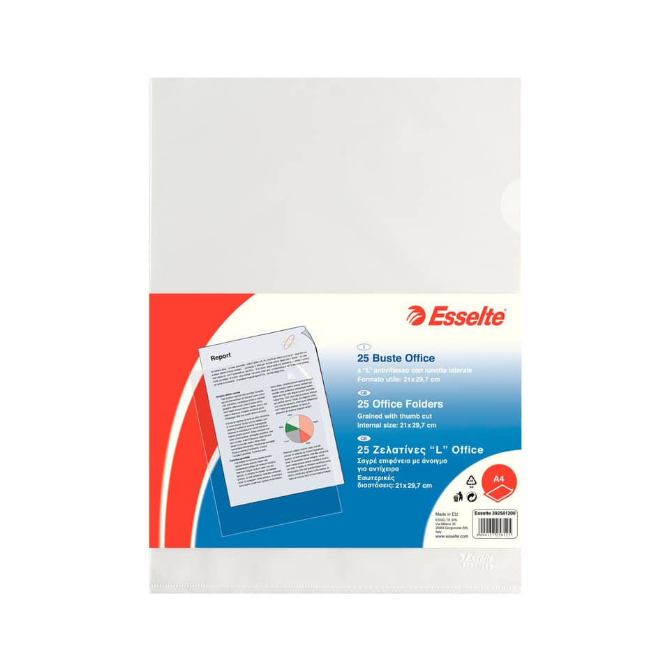 Buste a L - Copy Safe Esselte - Office - A4 - PPL - Trasparente antiriflesso - 392581200 (conf.25)-0 - Loveoffice