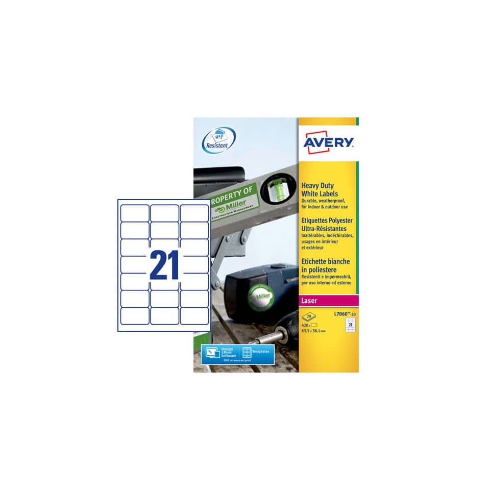 Etichette in poliestere Avery - laser - Bianco - 63,5x38,1 mm - 20 fogli (420 etichette)-0 - Loveoffice