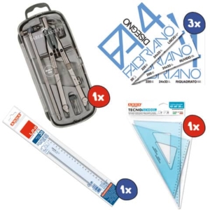 Kit 1x Balaustrone Tech + 3x Album Fabriano F4 + 1x Coppia squadre 45°-60° + 1x Riga 30 cm-0