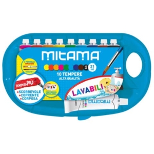 Tempere Mitama Più Superlavabile con tavolozza - 9 tubi da 10 ml assortiti + 1 tubo Bianco 21 ml + 2 pennelli-0