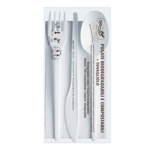 Set forchetta + coltello + cucchiaio + tovagliolo Dopla Tris ESTABIO - 33x33 cm 2 veli (conf.100)-0