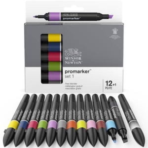 Set 12 pennarelli doppia punta Promarker Winsor&Newton colori assortiti + pennarello blender-0