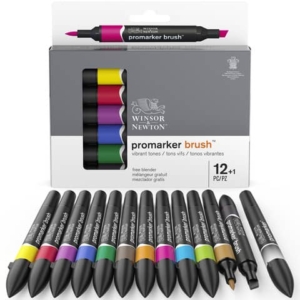 Set 12 pennarelli doppia punta brush colori vivaci assortiti + 1 blender Winsor&Newton-0