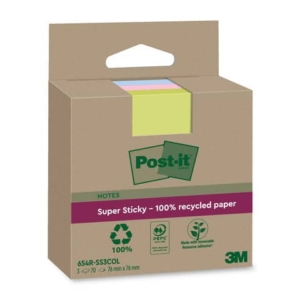 Foglietti riposizionabili Post-it®Super Sticky carta riciclata al 100% assortiti 76x76 mm - 3 blocchetti da 70 ff - Assortiti-0