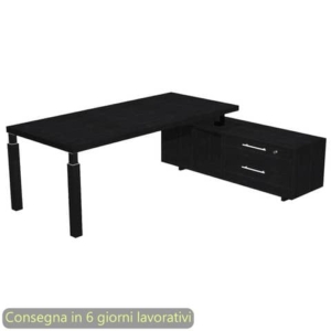 Scrivania manageriale Flora con mobile di servizio Nero venato frassino 195x170xH76,2 cm gamba sezione quadrata Nera-0