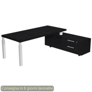 Scrivania manageriale Flora con mobile di servizio Nero venato frassino 225x170xH76,2 cm gamba sezione quadrata Bianca-0
