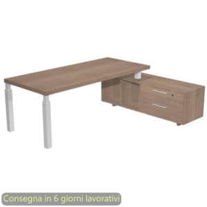 Scrivania manageriale Flora con mobile di servizio Noce arabis 195x170xH76,2 cm gamba sezione quadrata Bianca-0