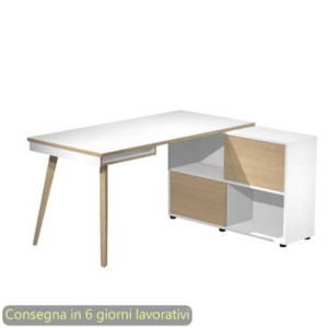 Scrivania Maxi su mobile contenitore e gambe rastremate in legno Bianco/Rovere 160x140xh.81,5 cm - 19130-DK-3C-AQ-0