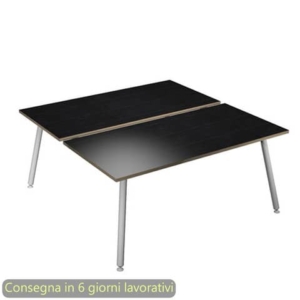 Scrivania bench doppia piano Nero venato frassino 140x166xh.74,4 cm gamba metallo tubolare Bianca Skinny Metal 6402B-DJA-8C-AN-0