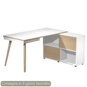 Scrivania Midi su mobile contenitore e gambe rastremate in legno Bianco/Rovere 130x120xh.81,5 cm - 20080-DK-3C-AQ-0
