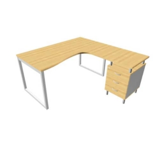Scrivania con cassettiera a destra piano Faggio 160x165xh.75 cm gamba ad anello acciaio Argento PractikaP2 ECSAT17D-FA-A-0