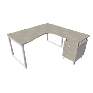 Scrivania con cassettiera a destra piano cemento 160x165xh.75 cm gamba ad anello acciaio Argento PractikaP2 ECSAT17D-CL-A-0