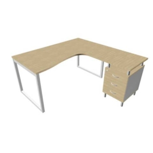 Scrivania con cassettiera a destra piano Rovere 160x165xh.75 cm gamba ad anello acciaio Argento PractikaP2 ECSAT17D-RK-A-0