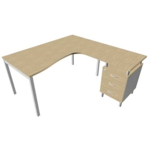 Scrivania con cassettiera a destra piano Rovere 160x165xh.75 cm gamba a ponte in acciaio Argento PractikaP3 ECSPT17D-RK-A-0