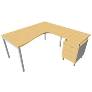 Scrivania con cassettiera a destra piano Faggio 160x165xh.75 cm gamba a ponte in acciaio Argento PractikaP3 ECSPT17D-FA-A-0