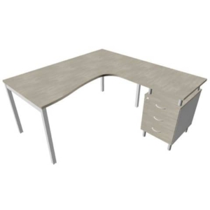 Scrivania con cassettiera a destra piano cemento 160x165xh.75 cm gamba a ponte in acciaio Argento PractikaP3 ECSPT17D-CL-A-0