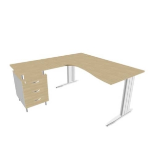 Scrivania con cassettiera a destra piano Rovere 160x165xh.75 cm gamba a L acciaio Argento linea Practika P1 ECSMT17D-RK-A-0
