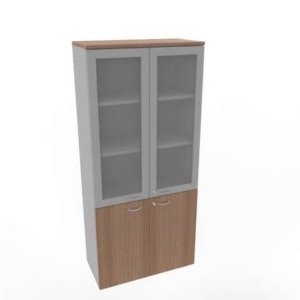 Armadio alto ante basse noce canaletto e alte in vetro telaio MDF scocca trama antracite 90x45xH.200 cm - LoveOffice