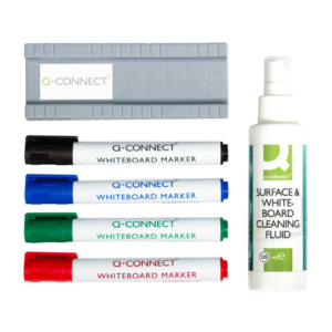 Starter Kit per lavagna bianca Q-Connect 4 pennarelli ass./cancellino pelabile/ liquido pulizia 250 ml in blister - LoveOffice