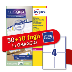 Etichette bianche Avery Ultragrip & Jamfree? adesivo permanente laser 4 et./foglio conf. 50+10 ff OMAGGIO - LoveOffice