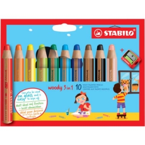 Matite colorate Stabilo Woody 3 in 1 punta larga - colori assortiti astuccio di cartone da 10 pz + temperino 880/10-2 - LoveOffice