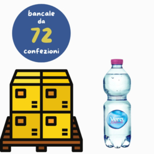 Bancale composto da 72 confezioni da 24 bottiglie realizzate in PET di Acqua Vera naturale nella versione 500 ml. Formato ''On The Go'' ideale per essere trasportato ovunque: a scuola