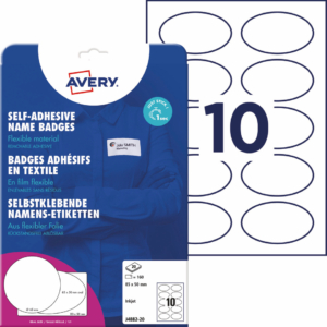 Badge adesivi per tessuti ovali Avery 85x50 mm - Bianco - 10 etichette per foglio - stampanti Ink-jet - J4882-20 (conf.20 fogli)