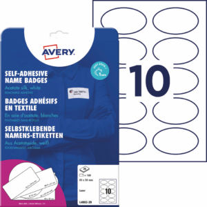 Badge adesivi per tessuti ovali Avery 85x50 mm - Bianco - 10 etichette per foglio - stampanti laser - L4882-20 (conf.20 fogli)