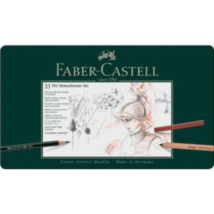 Matite, pastelli, carboncini, tergicarta e pennello in set metallo Faber Castell Monochrome belle arti large - 112977 (conf.33 elementi)