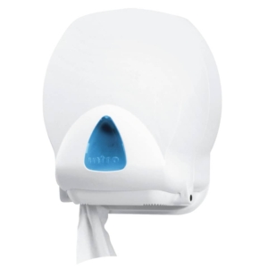 Distributore mini di carta igienica jumbo QTS in ABS con capacità massim Ø20 cm Bianco con vetrino Blu IN-TO2/WS