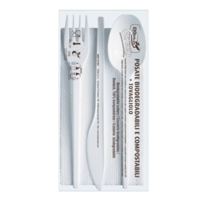 Set forchetta + coltello + cucchiaio + tovagliolo  Dopla Tris ESTABIO - 33x33 cm 2 veli - conf. 100 pz - 3908