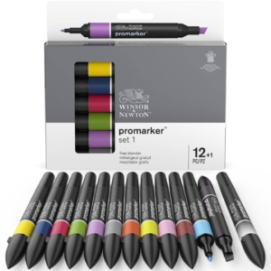 Set 12 pennarelli Winsor&Newton Promarker doppia punta fine-larga - colori assortiti + blender - 0290137