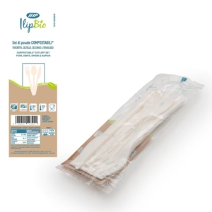Set 3 posate Bianche coltello + forchetta + cucchiaio con tovagliolo in PLA BIO IlipBio - 81004 (conf.200)