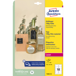 Etichette a Cartellino micro-perforate Avery ultraresistenti in plastica da 190µm rettangolari 90x50 mm - T3002-10 (conf.100)