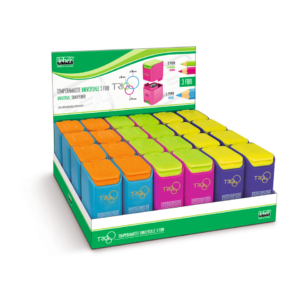 Temperamatite universale a 3 fori Lebez con coperchio e contenitore in plastica - colori assortiti - 81110