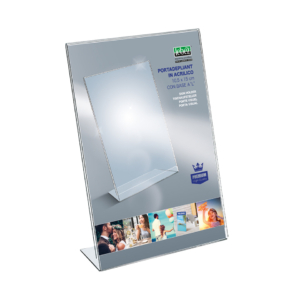 Portadepliant in acrilico con base a L Lebez formato 10x15 cm - verticale - Trasparente - 7044