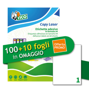 Etichette A4 bianche adesive permanenti Tico laser/inkjet 1 et./foglio - 210x297 mm (conf.100+10 fogli OMAGGIO)